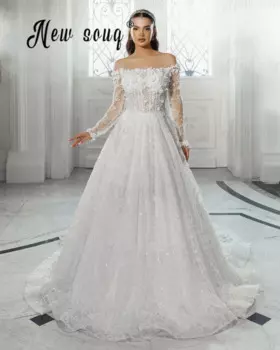 Белое кружевное свадебное платье с открытыми плечами, бальное платье с бисером, свадебные платья с вырезом лодочкой и длинными рукавами, роскошное свадебное платье, 2025