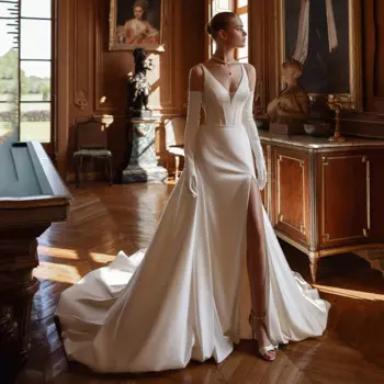 Белое свадебное платье-Русалка с V-образным вырезом и съемным шлейфом