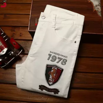 Белые джинсы мужские модные вышитые джинсовые модные высококачественные Доступные Роскошные Стрейчевые зауженные брюки с принтом