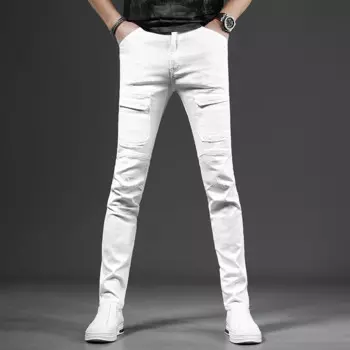 Белые хлопковые мужские джинсы в Корейском стиле, облегающие брюки, уличная одежда, повседневные Стрейчевые джинсовые брюки с двумя карманами CP2197