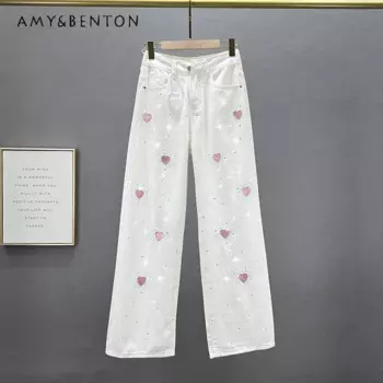 Белые широкие джинсы, женская одежда, тонкие белые брюки, новинка 2024, летние свободные и утягивающие брюки с высокой талией, популярные брюки со стразами