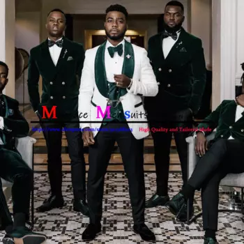 Белые жаккардовые костюмы с цветочным принтом для мужчин, приталенный зеленый бархатный мужской костюм с лацканами, комплекты из 3 предметов, формальный мужской свадебный костюм по индивидуальному заказу