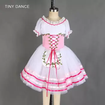 Белый Chffon Рубашка с короткими рукавами Романтический юбка-пачка с небольшими фартук для девочек балерина костюм для танцев, балетные юбки, костюмы для девочек платье 20529