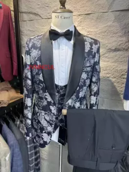 Белый и черный смокинг Grom для свадьбы, облегающий белый и черный деловой мужской костюм с двубортным жилетом, модные брюки