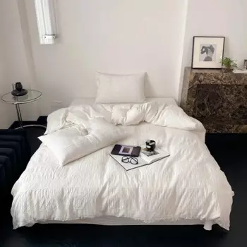 Белый пододеяльник в полоску, текстурированный 100% Помытый хлопок, мягкие дышащие комплекты постельного белья (1 пододеяльник + 1 простыня + 2 наволочки