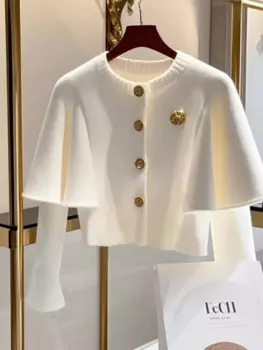 Белый свитер-накидка, женский осенне-зимний новый стиль, высококачественный и супер красивый вязаный короткий джемпер с металлической пряжкой и круглым вырезом