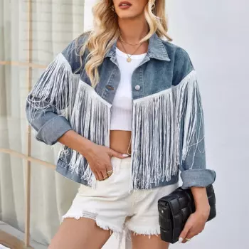 Benuynffy Женская мода кисточки джинсовая куртка винтажная однобортная лацкана с длинным рукавом Женская Повседневная Уличная одежда короткая джинсовая куртка