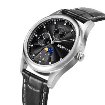 BERNY Мужские часы Дата недели Фаза Луны Кварцевые часы для мужчин Кожаный ремешок из нержавеющей стали Деловые наручные часы Мужские часы