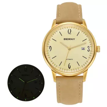BERNY Роскошные автоматические мужские часы Лучший бренд Классические механические мужские часы Мягкий кожаный ремешок Тонкий 5ATM 9015 Mov. Мужские наручные часы