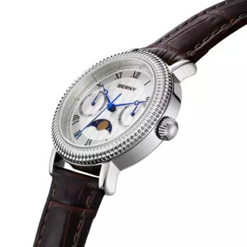 BERNY женские часы, роскошные деловые деловые часы с фазой Луны, элегантные кварцевые женские наручные часы с кожаным ремешком из нержавеющей стали