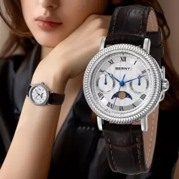 BERNY женские часы, роскошные деловые деловые часы с фазой Луны, элегантные кварцевые женские наручные часы с кожаным ремешком из нержавеющей стали