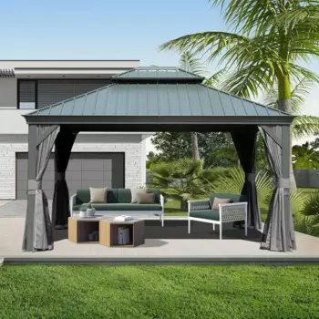 Беседка с твердым верхом 10x14 футов, уличная беседка с двойной крышей из оцинкованной стали и занавеской и сеткой на алюминиевой раме, альтанка-павильон