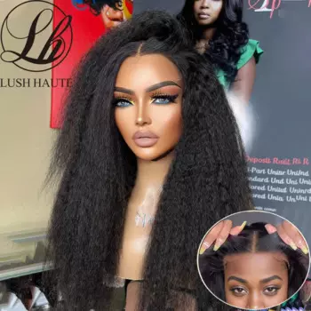 Бесклеевой парик Wear and Go Kinky Straight 4x4 Парики с застежкой на шнуровке Синтетический красновато-коричневый/черный яки Прямой кружевной фронтальный парик