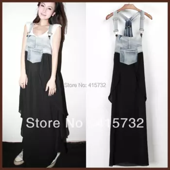 Бесплатная доставка 2023 Новое поступление летнее джинсовое и многослойное шифоновое лоскутное платье на подтяжках для женщин длинное джинсы Макси асимметричное платье