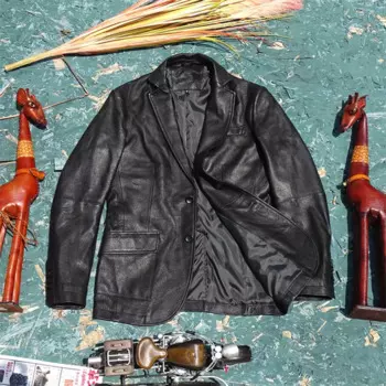 Бесплатная доставка из бычьей козьей шкуры утиное мужское классическое повседневное пальто из натуральной кожи Модная тонкая деловая кожаная куртка