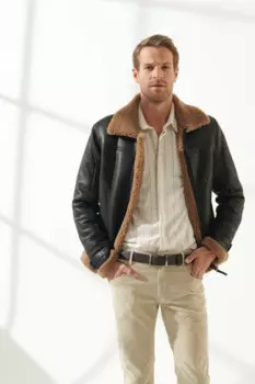 Бесплатная доставка, модная черная куртка из натуральной овчины, Байкерская зимняя куртка из коричневой кожи с мехом