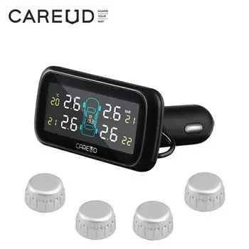 Беспроводная автомобильная система контроля давления в шинах TPMS Careud с 4 внутренними и внешними датчиками, ЖК-дисплеем, прикуривателем