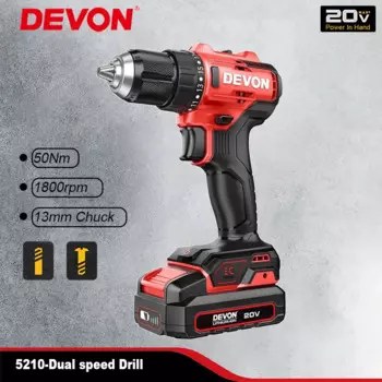 Беспроводная Дрель Devon светильник Duty 5210 Imacpt, перезаряжаемая, бесщеточная, 20 В, 50 нм, 5211 об/мин