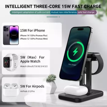 Беспроводное зарядное устройство Macsafe 3 в 1 для iPhone 14, 13, 12 Pro Max, Apple Watch 8, 7, 6, 5, Airpods Pro 2, 3, держатель для быстрой зарядки