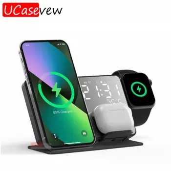 Беспроводное зарядное устройство с будильником, подставка 4 в 1 для iPhone 15 14 13 12 Airpods Samsung S23 S22 Apple Watch 9 8 7