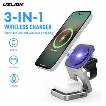 Беспроводное зарядное устройство USLION 3 в 1, магнитный держатель, подставка для iPhone Airpods Pro 2 iWatch 9, док-станция для быстрой зарядки для Samsung LG