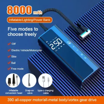 Беспроводной автомобильный воздушный компрессор, 8000 мАч, 150 фунтов на квадратный дюйм, аккумуляторная батарея, 60 Вт, электрический насос для накачивания шин для мотоцикла, велосипеда, шарики для шин