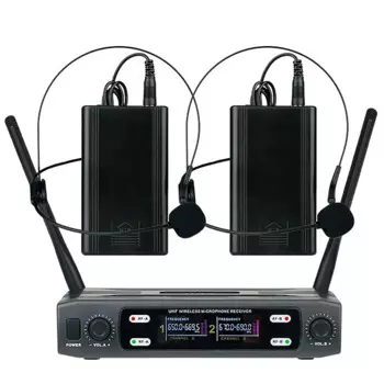 Беспроводной микрофон, 2-канальный UHF, профессиональный ручной динамический микрофон, гарнитура, микрофон для вечеринки, церковного шоу, встреч, обучения
