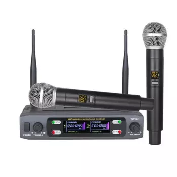 Беспроводной ручной Двухканальный UHF микрофон с фиксированной частотой, динамический микрофон для караоке, свадебной вечеринки, церковного шоу