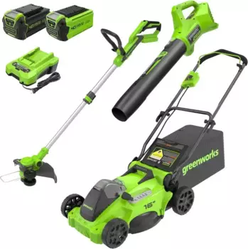Бесщеточная аккумуляторная газонокосилка Greenworks 40 В, 16 дюймов (нажимная) + вентилятор (350 куб. футов в минуту) + 13-дюймовый триммер (катушки для конуса), 4,0 Ач + 2,0 Ач