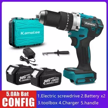 Kamolee 13 мм Бесщеточная электрическая ударная дрель Беспроводная отвертка 18 В-21 В с литиевой батареей Перезаряжаемая ручная дрель Электроинструмент
