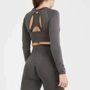 Бесшовный комплект для йоги из 2 предметов, Женский комплект для тренировок, тренажерного зала, комплект с леггинсами и ягодицами, укороченный топ с длинным рукавом, комплект одежды для тренажерного зала, спортивный костюм для фитнеса