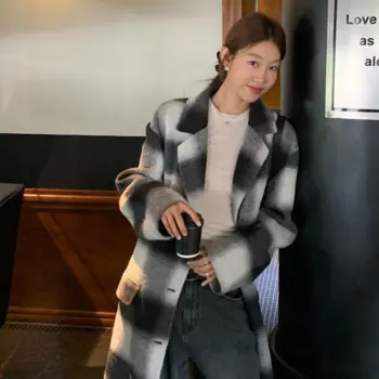 [Без возврата или обмена] Ретро клетчатое шерстяное пальто для женщин зимнее двустороннее шерстяное пальто с постепенным изменением цвета