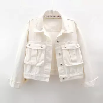 Бежевая джинсовая куртка с большим карманом и длинными рукавами, женская свободная короткая ковбойская верхняя одежда, весенне-осенняя корейская повседневная джинсовая куртка, женские куртки