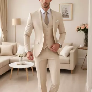 Бежевые мужские костюмы из трех предметов, модные однобортные формальные свадебные смокинги, модные элегантные повседневные офисные костюмы (куртка + жилет + брюки)