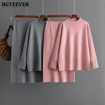 BGTEEVER осенне-зимняя модная женская однотонная трикотажная одежда, свитер с длинным рукавом и полувысоким воротником, топы и юбки с разрезом на бедрах