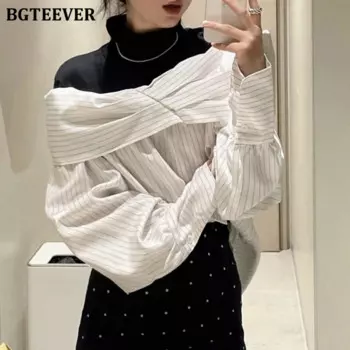 BGTEEVER стильные женские лоскутные полосатые блузки с длинными рукавами, топы, осень-зима, элегантные свободные женские пуловеры с высоким воротником, рубашки