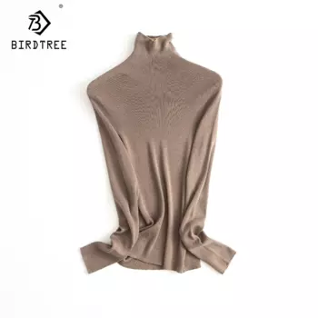 Birdtree, 100% чистая шерсть, женские пуловеры, водолазка, яркий шелк, повседневные тонкие свитера, осень-зима 2024, топы T49425QM