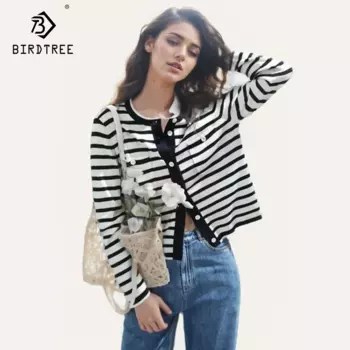 Birdtree, 100% мериносовая шерсть, элегантные женские кардиганы, полосатый, модный офисный мягкий свитер, осенне-зимний топ 2024, C49521QM