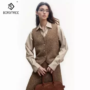 Birdtree, 100% мериносовая шерсть, женский элегантный кардиган без рукавов, V-образный вырез, модное пальто с кисточками, осень-зима 2024, топы T49612QM