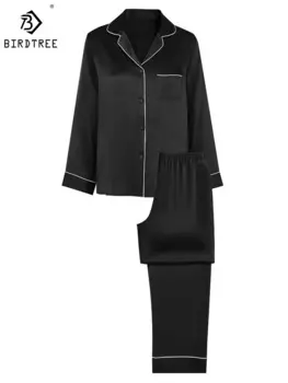 Birdtree 16 мм, пижамный комплект из 100% шелка шелковицы, женские однотонные брюки с длинными рукавами и лацканами, базовая удобная одежда для дома, весна S3D995QD