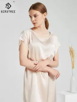 Birdtree 19 мм 100% натуральный шелк Милая Сексуальная кружевная ночная рубашка женская пижама с круглым вырезом домашняя одежда модное Ночное платье с коротким рукавом P3D558QM