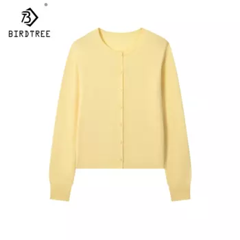 BirdTree, 2024 мериносовая шерсть кардиганы для женщин, о-образный вырез, однотонные элегантные свитера, осенние зимние куртки, красный, черный C49209QM