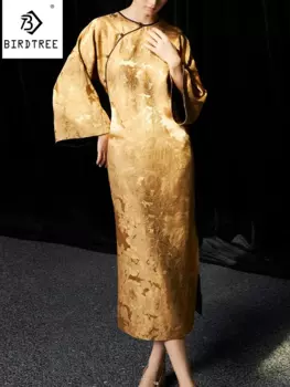 Birdtree 40 мм 100% шелк тутового шелкопряда элегантные модные платья XiangYunSha женские Цветочные жаккардовые дизайнерские вечерние новое платье D3D659QM