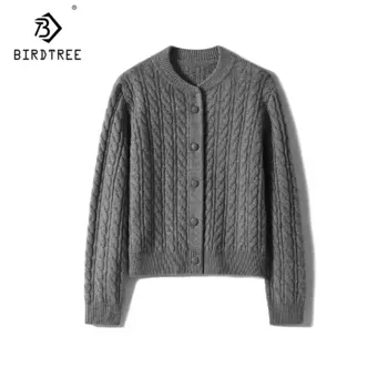 Birdtree, 90% шерсть 10% кашемир, женский элегантный кардиган, скрученный, винтажное мягкое вязаное пальто, 2024 осень зима новый топ C49607QM