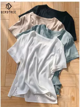 Birdtree 91% шелковая Женская футболка Летняя простая повседневная Однотонная футболка с круглым вырезом и коротким рукавом T37701QD