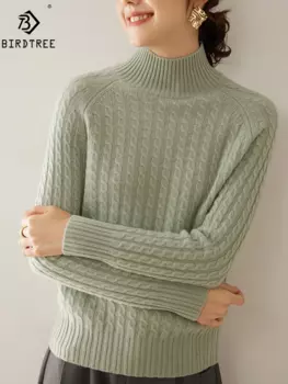 BirdTree, A-level 100% козий кашемировый свитер, Женский Высокий воротник витой, OL Boutique свитер, 2024 Осень Зима Топ T49122QM