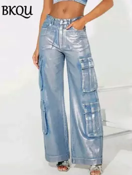 BKQU серебряные металлические джинсы с несколькими карманами, женские брюки-карго Y2k, уличная одежда в стиле ретро, модные джинсовые повседневные широкие брюки с высокой талией