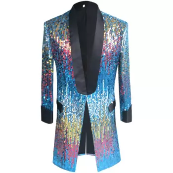 Блейзер Мужской с лацканами, Длинный блейзер с градиентными красочными блестками, лазерная мишура, длинный сценический костюм певицы, блестящий плащ