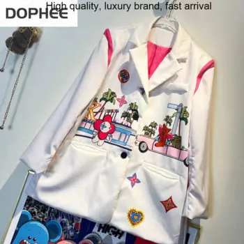 Блейзеры, уличная одежда, Женская куртка, новинка 2023, Весенняя модная верхняя одежда с мультяшным принтом, свободный костюм средней длины с длинным рукавом, пальто