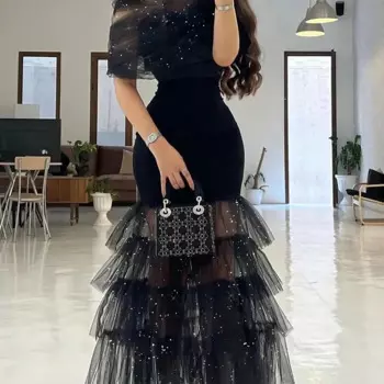 Блестящее многослойное прозрачное Сетчатое платье с черной строчкой